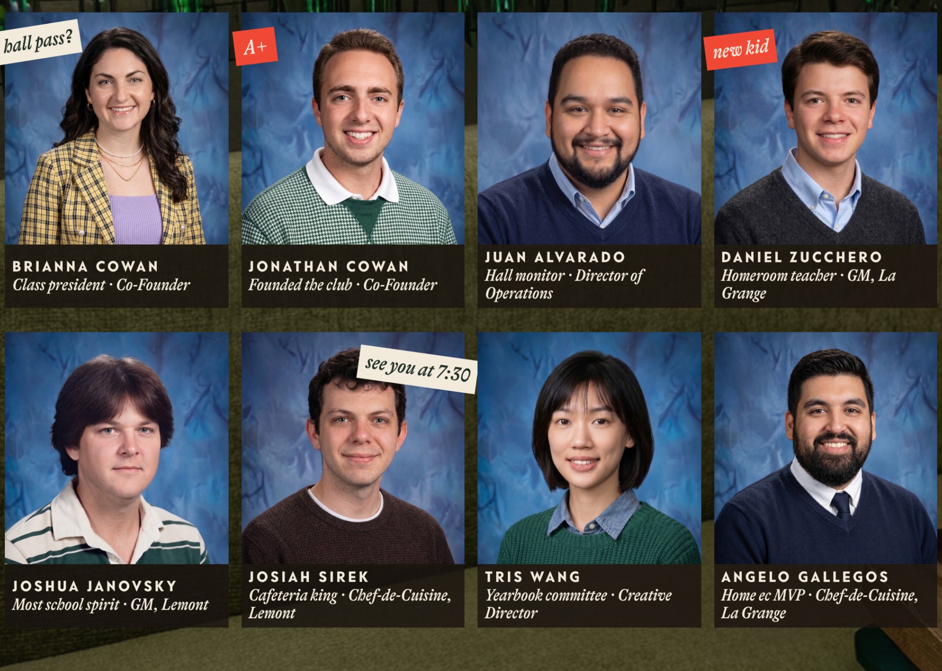 Wooden Paddle team in yearbook portraits for the Back to School Menu Party